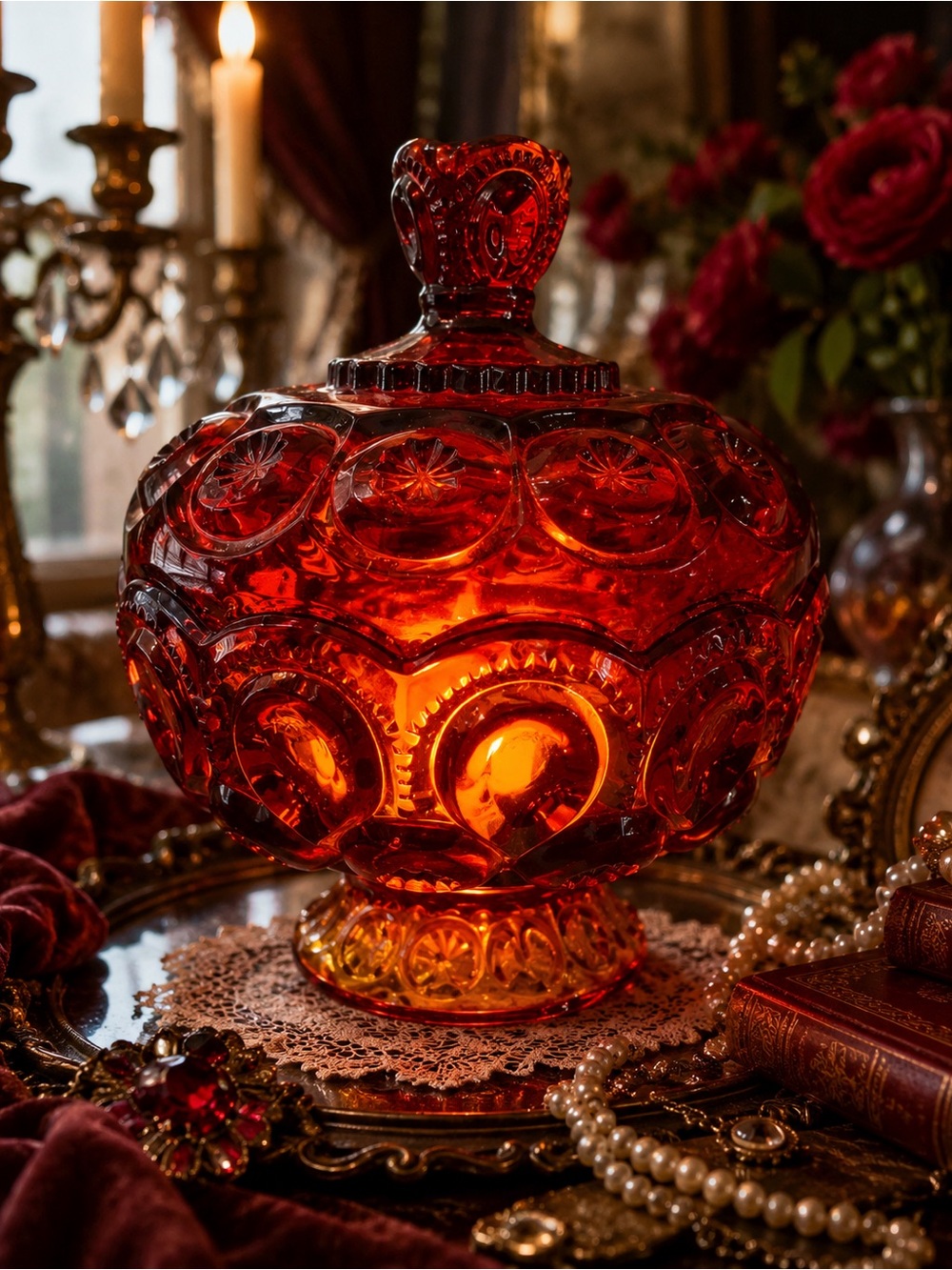 L.E. Smith Amberina Glass Fairy Lamp | Glows Under UV | Vintage Pedestal Compote